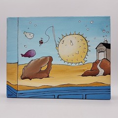Original Acrylic On Canvas Painting Puffer Fish Fishing Signed ‚Boyd‘