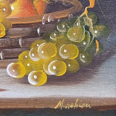 Vintage Still Life Oil Painting Fruit Basket Apple Pear Grapes Framed Art Signed
