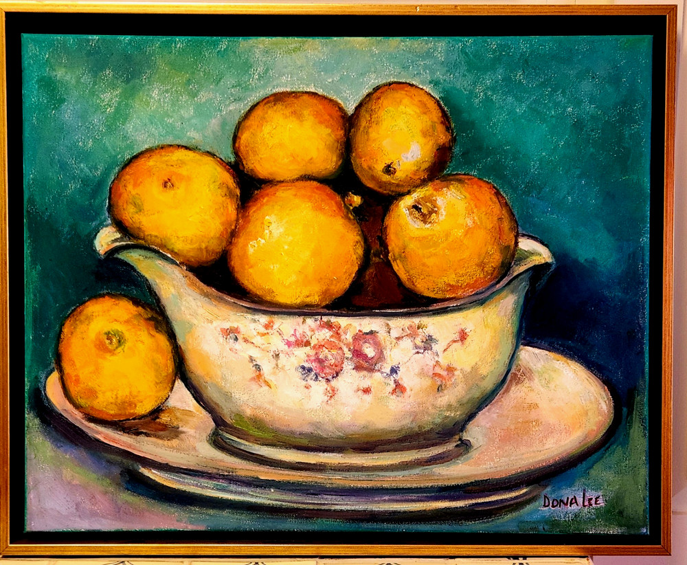 Oil Painting Still Life Fruit Lemons Vintage China Bowl Original Framed Donalee