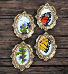 4-piece Monarch Butterfly on Lavender print in mini vintage style ornate frames