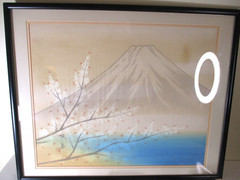 Antique Mt. Fuji Framed Painting on Silk Signed Double Matte Under Glass 20.75″