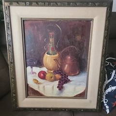 Vintage Still Life Painting with Wine, Fruit & Tea Pot Framed Signed