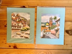 Original Watercolors Mexico Village Views Signed Diaz & Salgado Puerto Vallarta