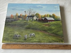 Vtg Original Oil Painting “Suttons Farm” Barn Landscape Cows Unframed Lis Behnke