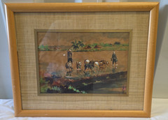 Vintage Signed Pen & Ink Watercolor Painting Vietnamese Signed 18×15 Field Work