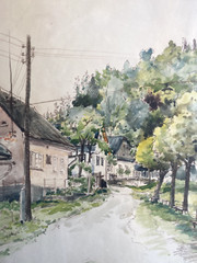 Watercolor Czech Republic Verso: Karel Silpoch Location Houses Antique Frame