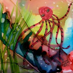 Original 4×4″ red Octopus ocean bubbles painting by Lynne Kohler