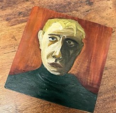 Small Original Acrylic Board Male Portrait 8″ Square Unsigned Unusual Painting