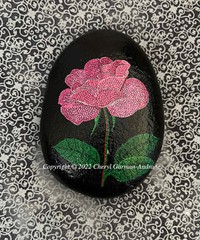 Pink Rose Pointillism Painted River Stone by Cheryl Garman-Andrade.