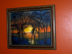 Lake Landscape Sunset Reflections Sea shore Palm Trees by Water Oil Painting