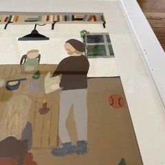 Vintage Original Abstract Painting Figural Family Daily Life 15.5” H X 12.5”
