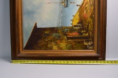 Vintage MCM Oil Painting Sailboats Dock Port Beach Ocean Sea Fishing Village