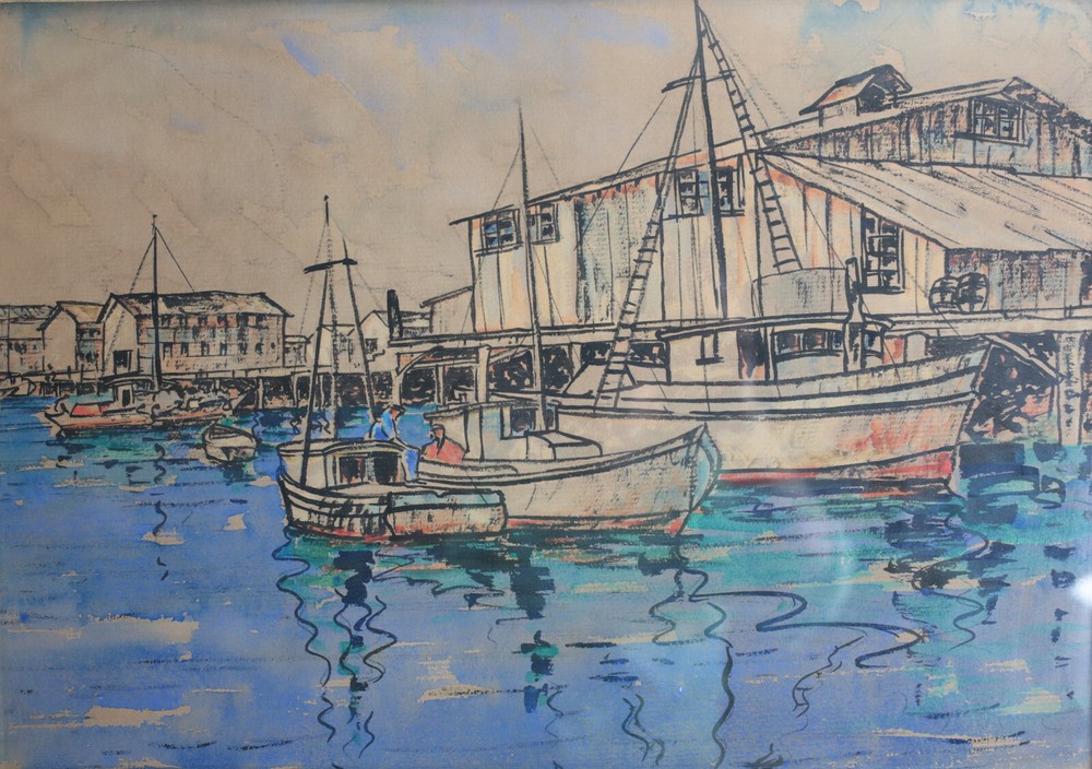 Watercolor on paper, Harbor scene with sailboats. c1940. In gilt wood frame