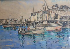 Watercolor on paper, Harbor scene with sailboats. c1940. In gilt wood frame