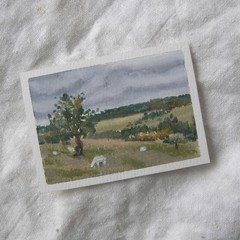 Original ACEO Sheep Pasture Countryside Rustic Landscape Impressionist Painting