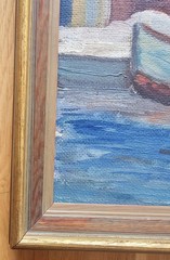 SCANDINAVIAN HARBOR OIL PAINTING BOAT AND PASTEL HOUSES SIGNED BERTIL LUNDQVIST