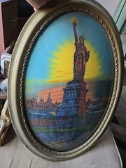 Statue of Liberty Antique USA Art Deco Glass Painting Gold Gesso Gilt Wood Frame