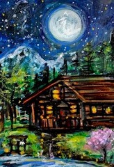 ACEO Original PAINTING Spring TREE Night Sky Moon CABIN Nature Landscape ATC ART