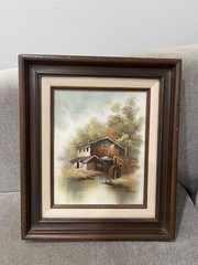 Vintage Signed Peters Oil on Canvas Painting Country Home w/ Water Wheel