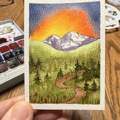 Donna Hawk ACEO Original Miniature Watercolor Landscape Mountain Sunset Signed