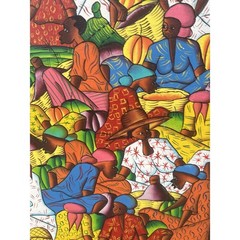 Haitian Folk Art Market Scene Oil Painting Signed Framed Colorful Wall Decor