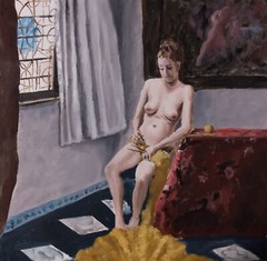 Oil Painting Vermeer Inspired Nude Female Figure Woman Knitting Historical Art