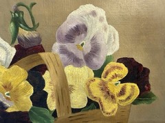 Antique Victorian Pansy Pansies in Basket Floral Oil Painting Canvas / Framed