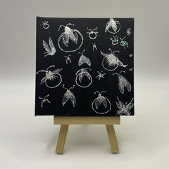 Miniature Insects Painting on Black Canvas, Small Unframed