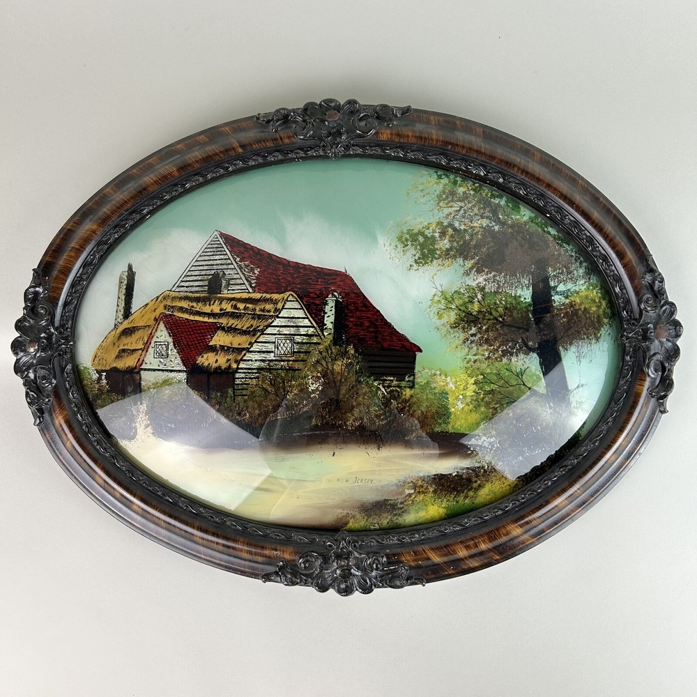 Antique Oval Wood Frame Reverse Painting Convex Farm New Jersey Bubble Glass VTG