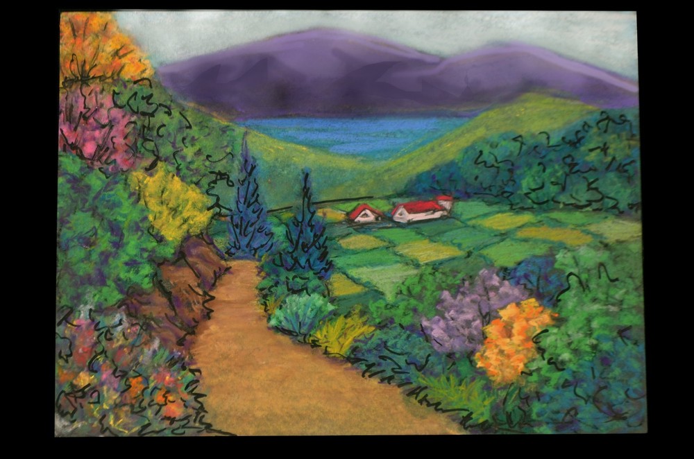 Original Art Fantasy Landscape Valley Flowers Pastels 8.5×11 signed Not a print
