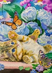 Watercolor Painting Cat Kitten Butterfly Flowers Garden ACEO Art