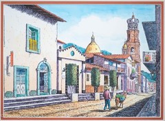 Lovely Vintage Painting of Puerto Vallarta Cityscape Illegibly Signed 16.5×20.5″