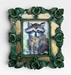 Raccoon holding Cookie mini watercolor print in vintage style ornate frame