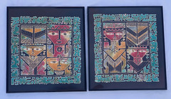 MURJOKO SIGNED BATIK PAINTING 2 PC LOT SOUTH ASIAN AZTEC MAYAN ABSTRACT FIGURES