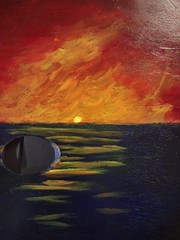 Vintage Painted Ocean Sunset On Wooden Palette Signed & w/Inscription On Back