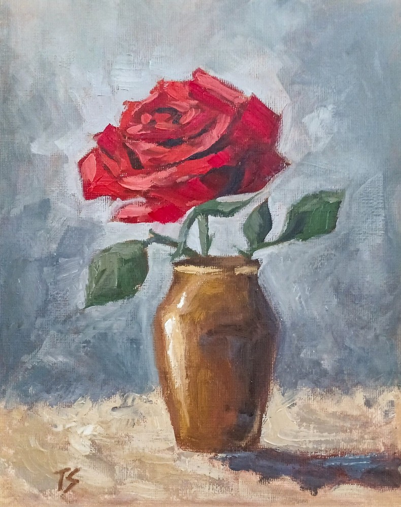 Rose in a Vase ORIGINAL Oil Painting Modern Classy Red Flower Still Life 8″x10″