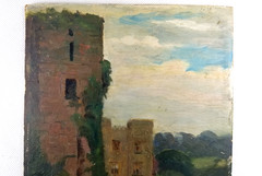 American School Philadelphia Oil Board Painting Castle Ruins Unsigned C. 1880
