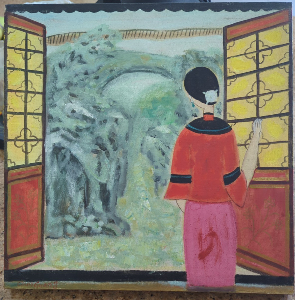 Signed Chun Guang Original Oil Painting Chinese Woman Window Garden Scene 12×12