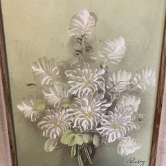 Framed Oil On Canvas Board Bouquet Of White Mums On A Green Background Beautiful