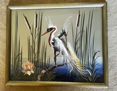 VTG Signed M DeVoe Crane Painting Framed Asian Bird Art Mid Century Crane