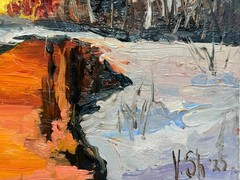 Original Oil Painting Winter Landscape Sunset Impressionism Art Signed 5.5×8 in