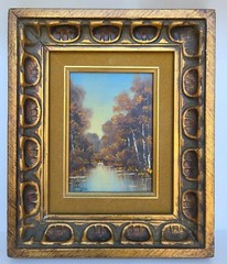 Vintage Oil Landscape Signed In Gesso Wood Frame With Yellow Velvet Mat, Unique!