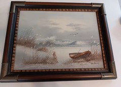 Vintage Framed Certified Authentic Signed Oil Painting Beach Sea Boat Ted Kelley