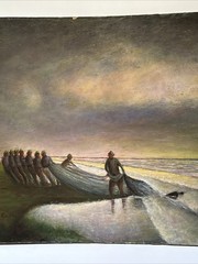 Antique Painting Wpa Regionalism Beach Fisherman Sunset Evening Coastal Sea Oil