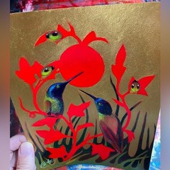 Original Hummingbird painting Art Gold Red Birds Unique gift surreal Artettina