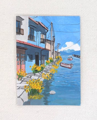 OOAK ACEO Original Painting Blue Coastal Village Boats Seascape Art Miniature