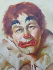 Lg 1950’s Clown Painting Oil on Canvas Wood Frame Signed Prince 27×23 (16×20)