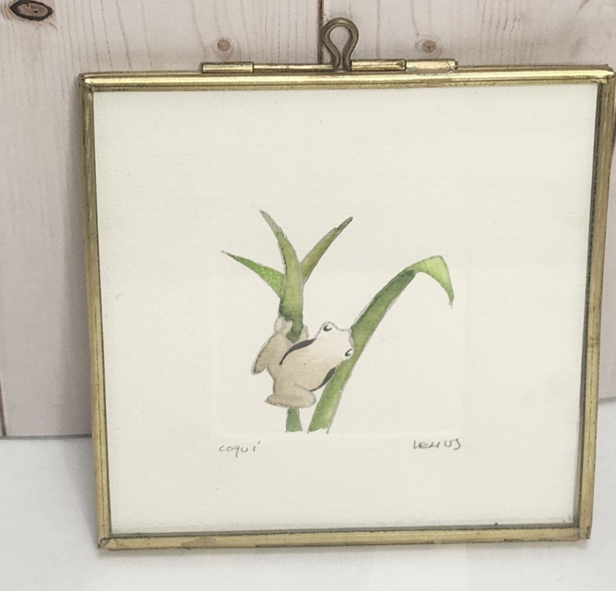 Lemvs Signed Coqui Frog Framed print watercolor Small, 4 x4″ Puerto Rico Artist