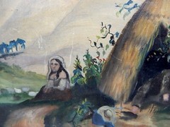 ANTIQUE SOUTH AMERICAN WOMAN BESIDE HUT PAINTING IN HANDCRAFTED ROUND FRAME