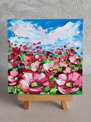 original oil painting Red Poppy Wildflowers Floral Landscape wall art 6*6 in
